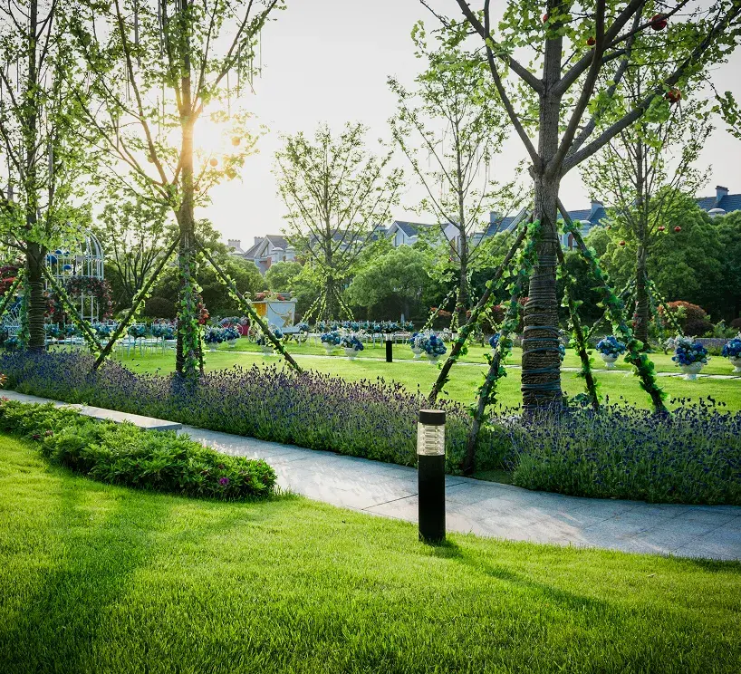 Beautiful Landscaped Garden with Walking Path, Lush Green Lawn, Flower Beds, and Sunlit Trees
